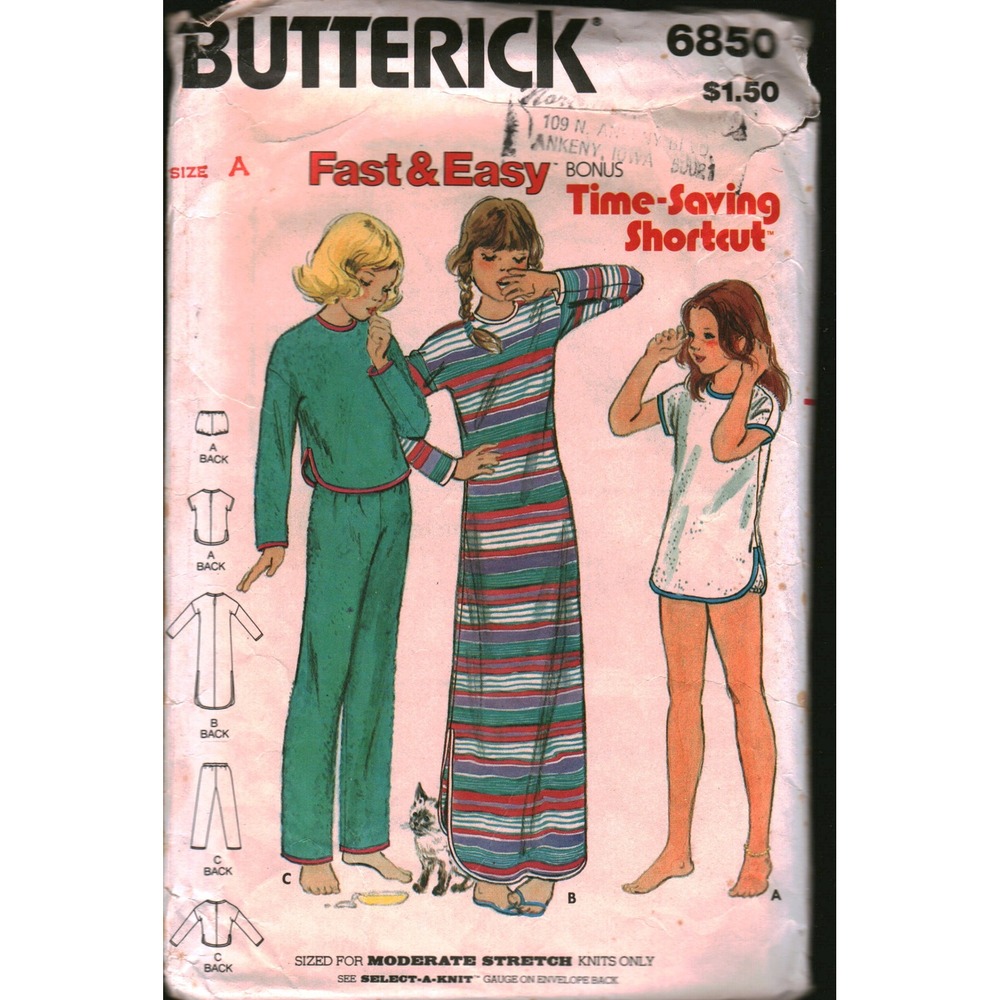 Vintage Butterick 6850 Girls Sleepwear Pattern Nightgown Pajamas Bloomers Size A